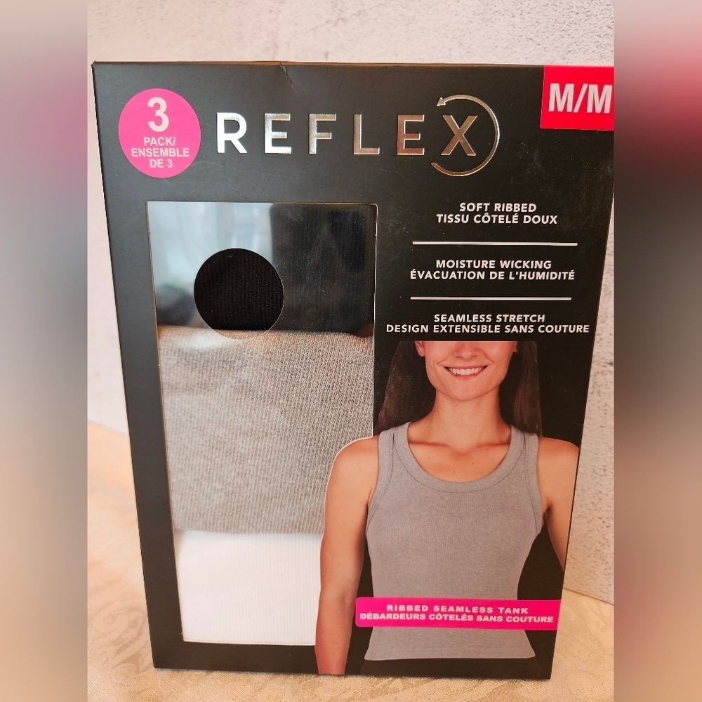 Reflex Size M 3 Pack of Soft Ribbed Seamless Tank Tops, White, Grey, Black